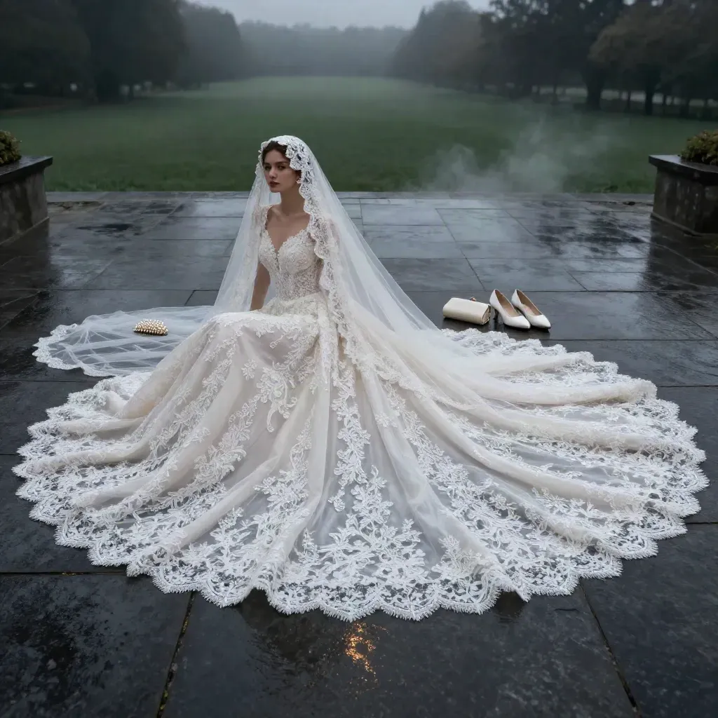 Ivory lace gown with veil, heels, comb, and clutch on wet stone in blue hour mist.
