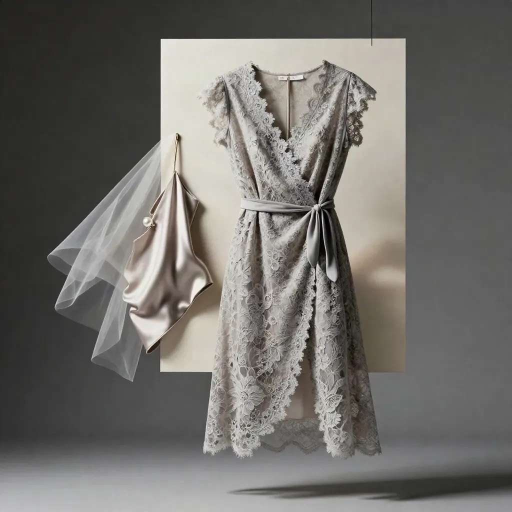 Elena Lace Wrap Dress with satin slip, veil scrap, and pearl pin against a dark gradient.