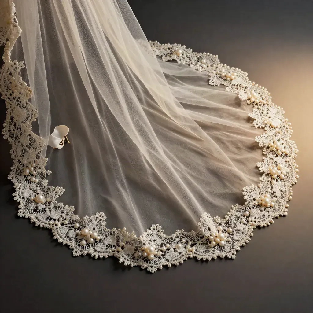 Pearl lace veil macro with satin ribbon and comb pin on a dark ground