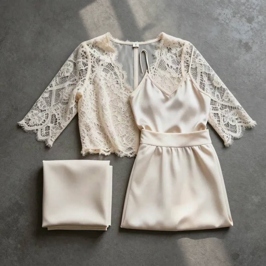 Overhead flatlay of a Clara Lace Sleeve Top with ivory fabric, camisole edge, and skirt waistband.