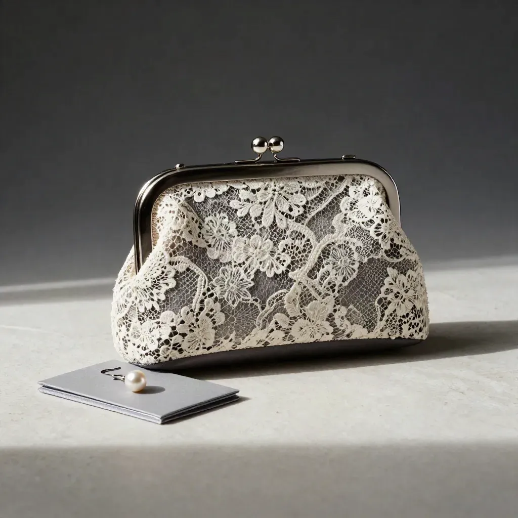 Ivory lace clutch with pearl earring, card case, and ribbon edge on stone under soft light.