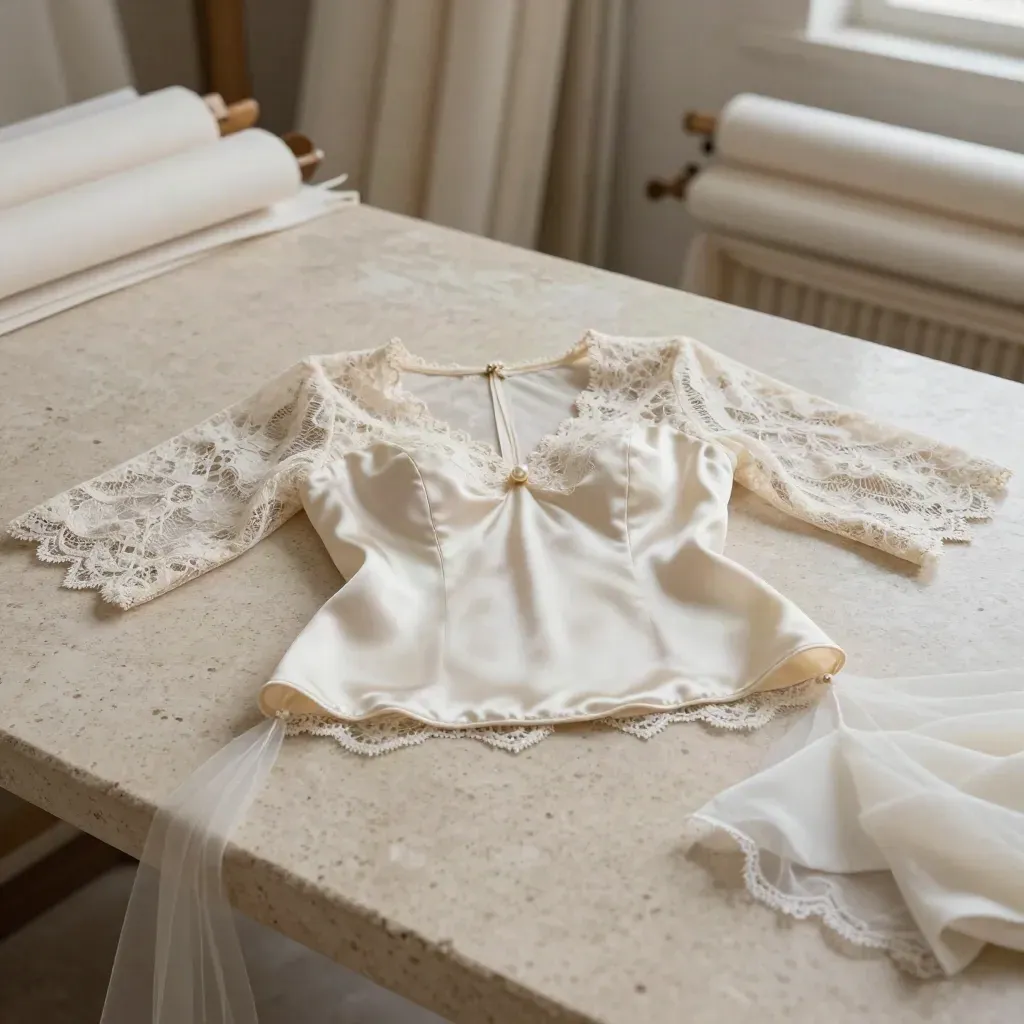 Ivory satin lace bolero spread open on travertine with a silk slip and pearl clasp in dramatic light.