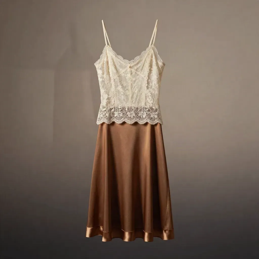 Dawn Lace Cami floating with skirt panel and satin ribbon on a dark gradient studio ground.