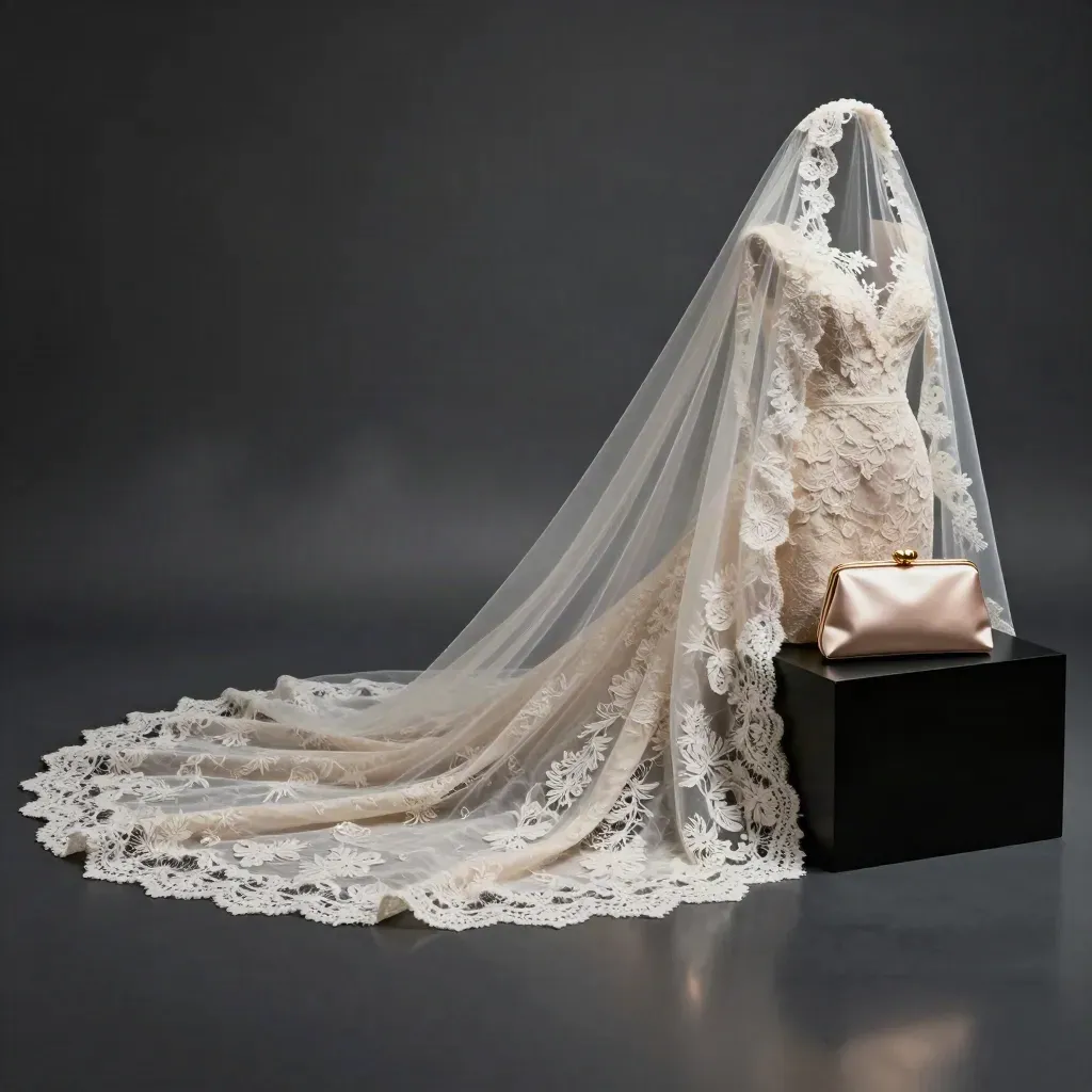 Ivory lace dress, veil and champagne clutch on a dark studio plinth with dramatic rim light.