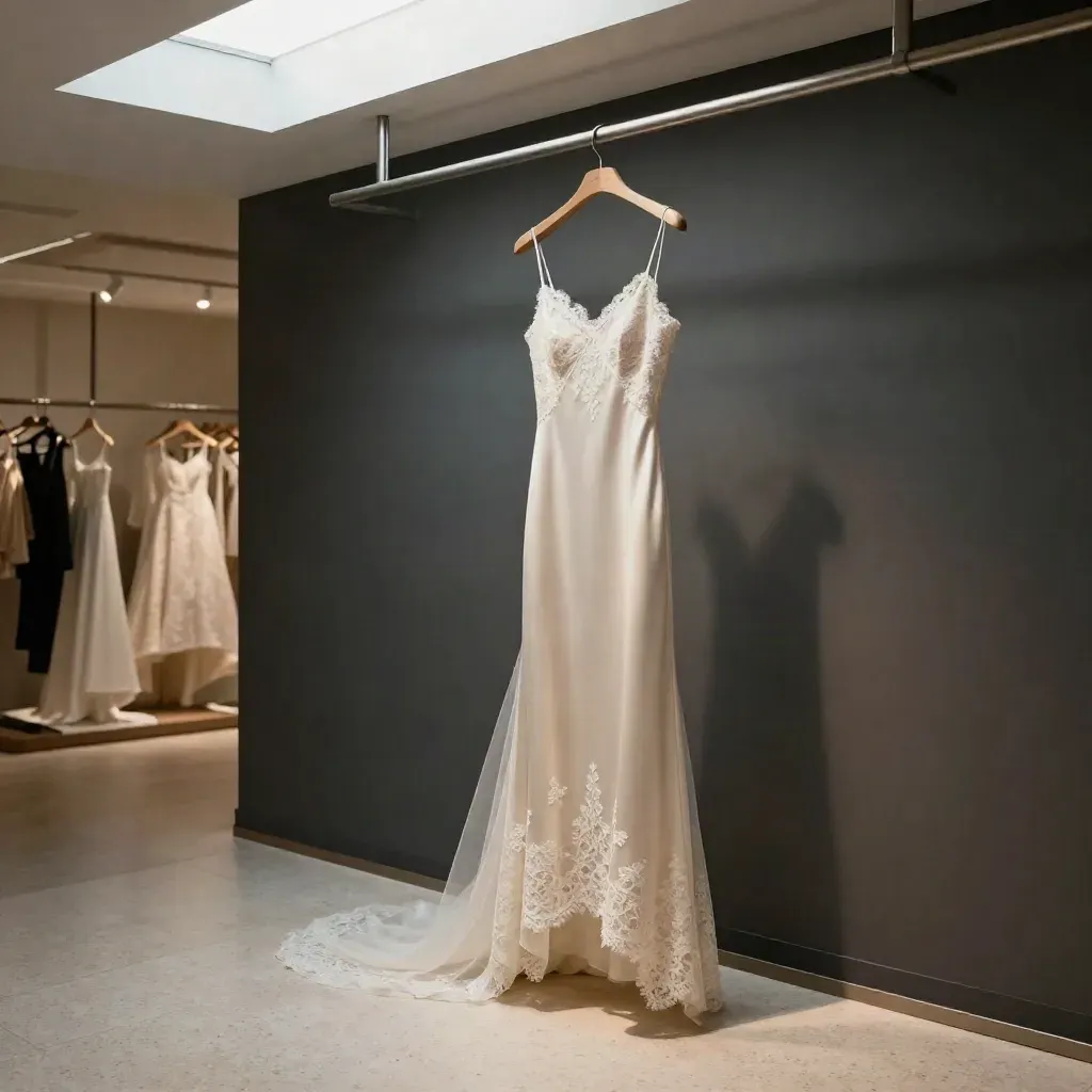 Sienna Lace Slip Dress with veil strip hanging in a modern bridal atelier.