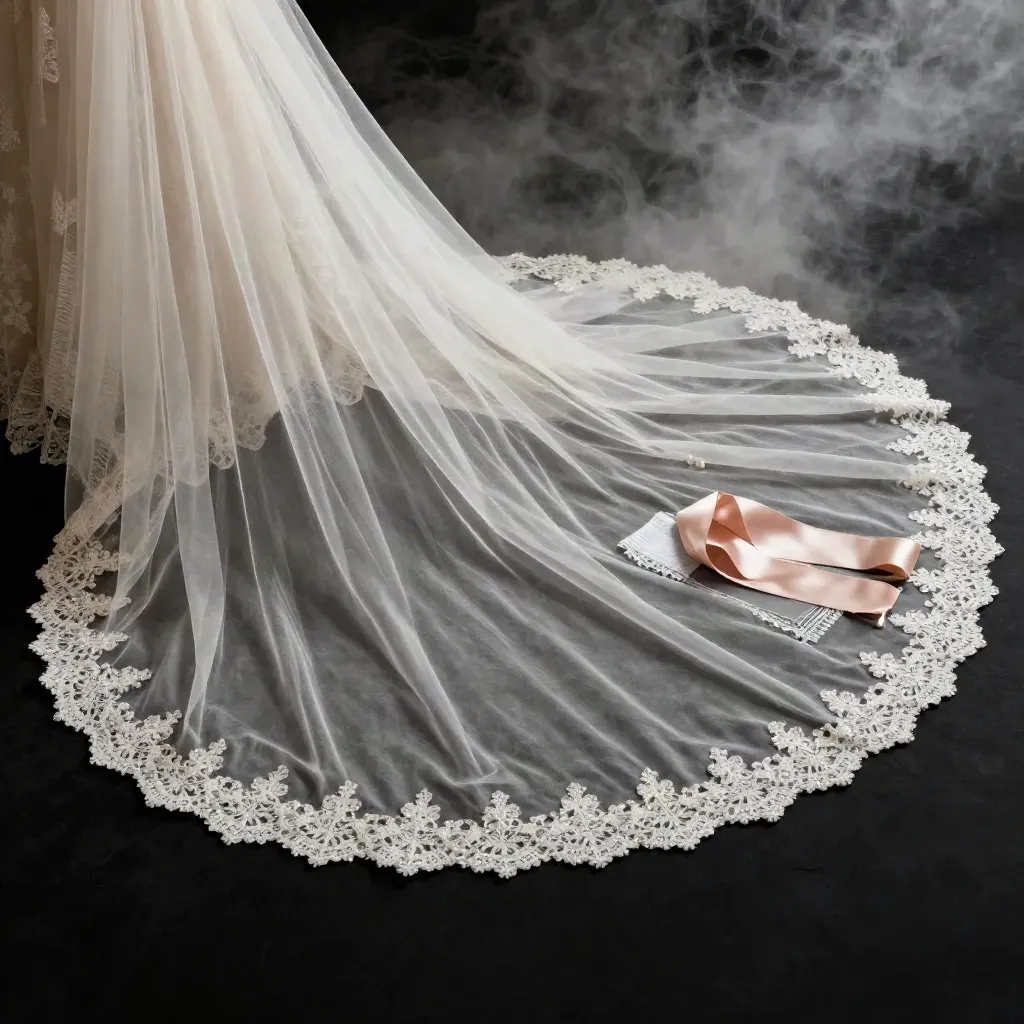 Chapel-length lace bridal veil with pearl hairpins on a dark studio surface