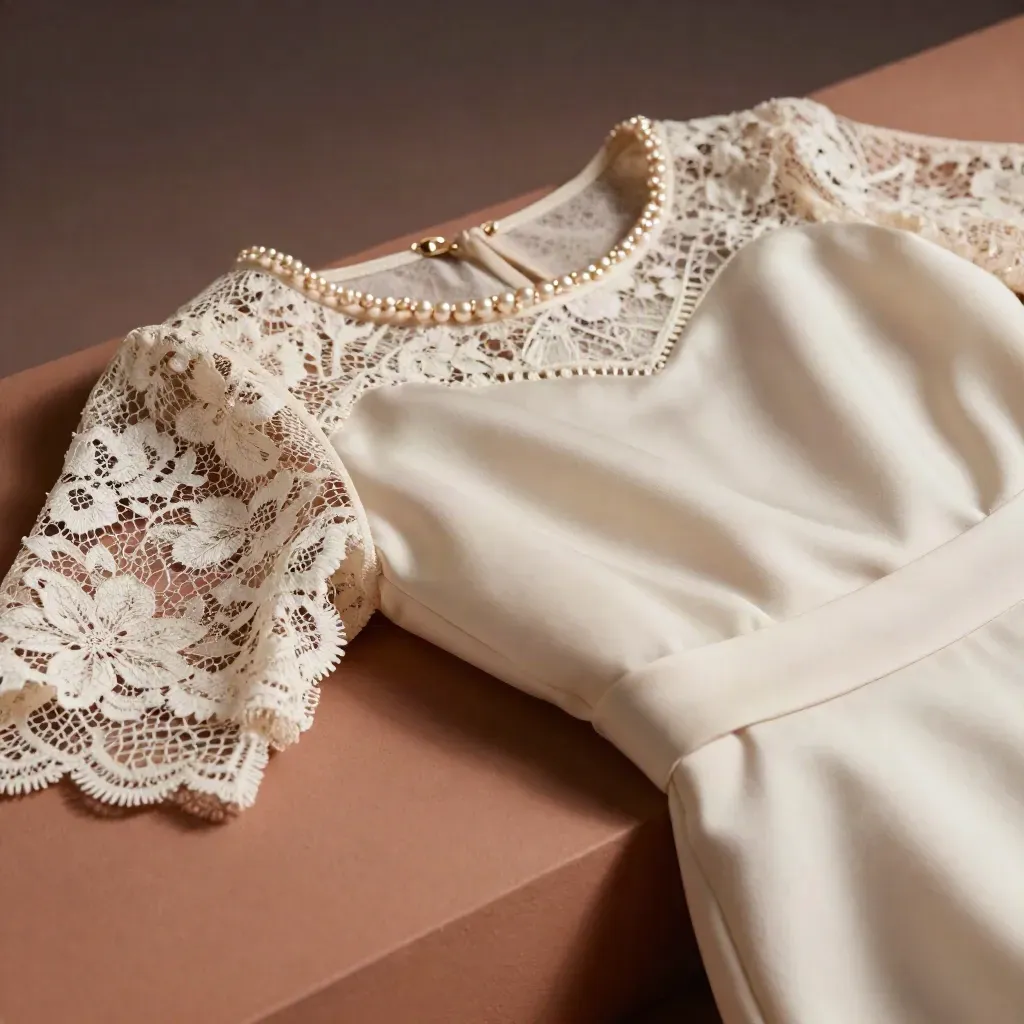 Macro of ivory lace sleeves, pearl neckline, satin cami and skirt waistband on terracotta plaster.
