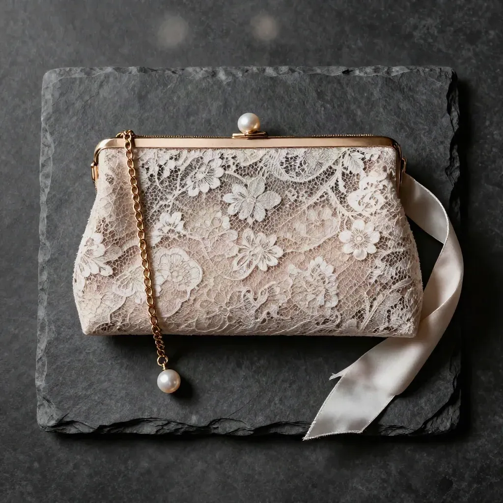 Top-down lace clutch with pearl earring and silk ribbon on dark stone, soft daylight