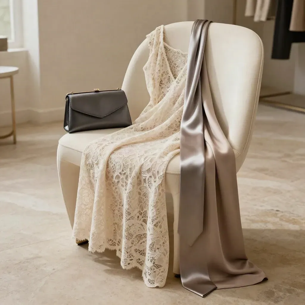 Mina evening wrap draped over a chair with a charcoal clutch and satin tie in soft daylight.