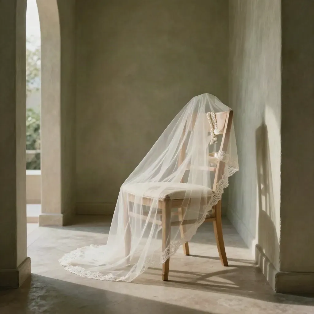 Sheer bridal veil draped over a chair and mirror in a sunlit neutral room.